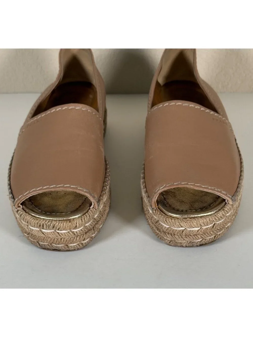 PRADA Women's Napa Leather Peep Toe Platform Espadrilles Naturale Tan - Picture 5 of 13